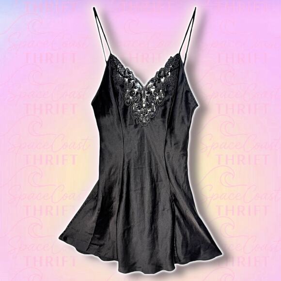 Frederick’s Black Satin Beaded Mesh Slip Dress 90s - XS/S - Picture 1 of 7
